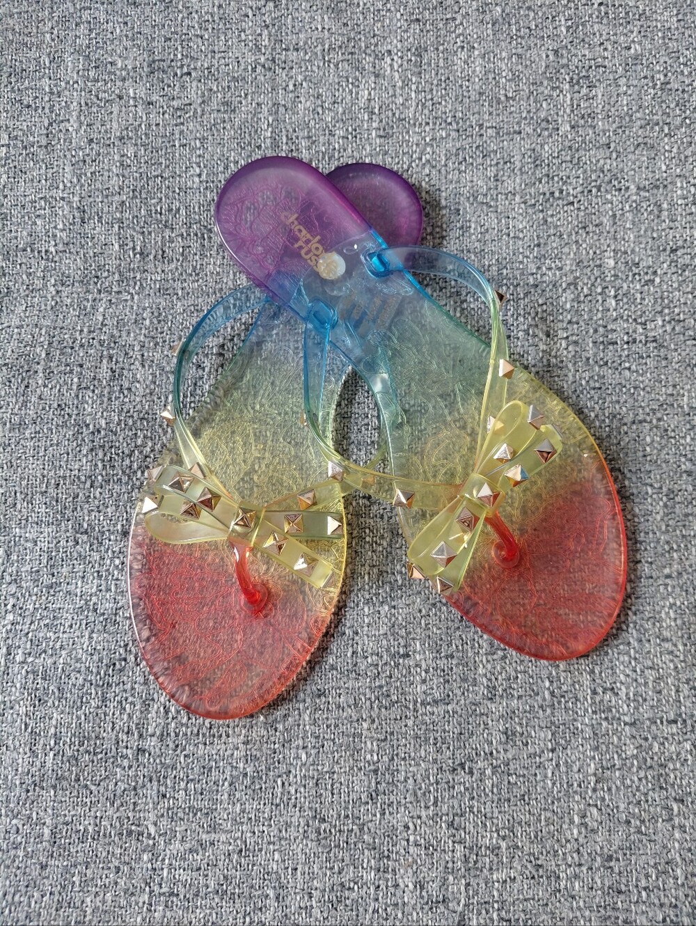 VTG Y2K Charlotte Russe Rainbow Jelly Studded Bow Flip Flop Sandals Size 8